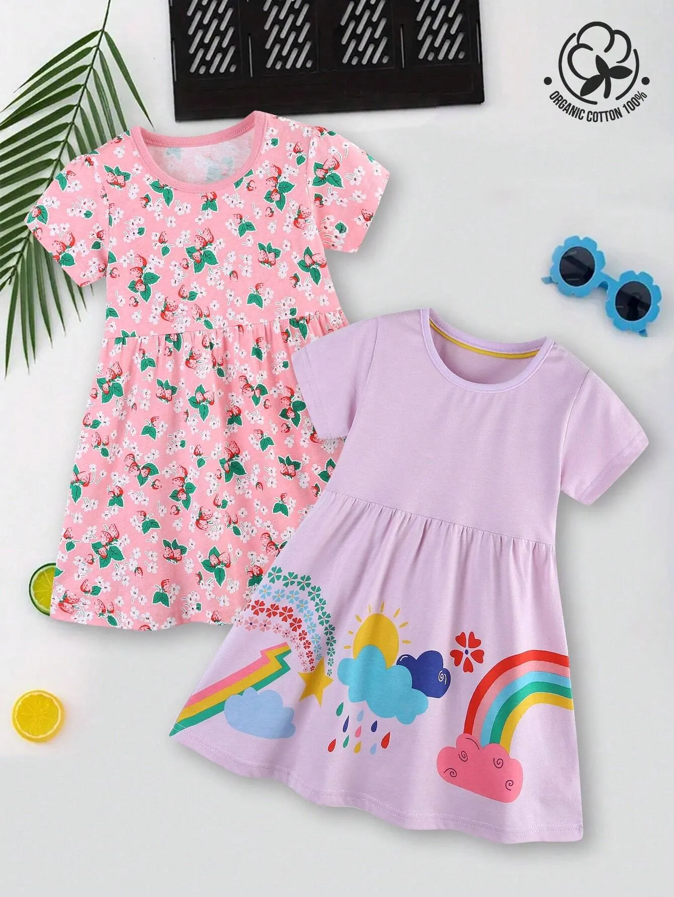 2pcs/Set Girls' Casual Cartoon Printed Round Neck Short Sleeve Dress, Summer