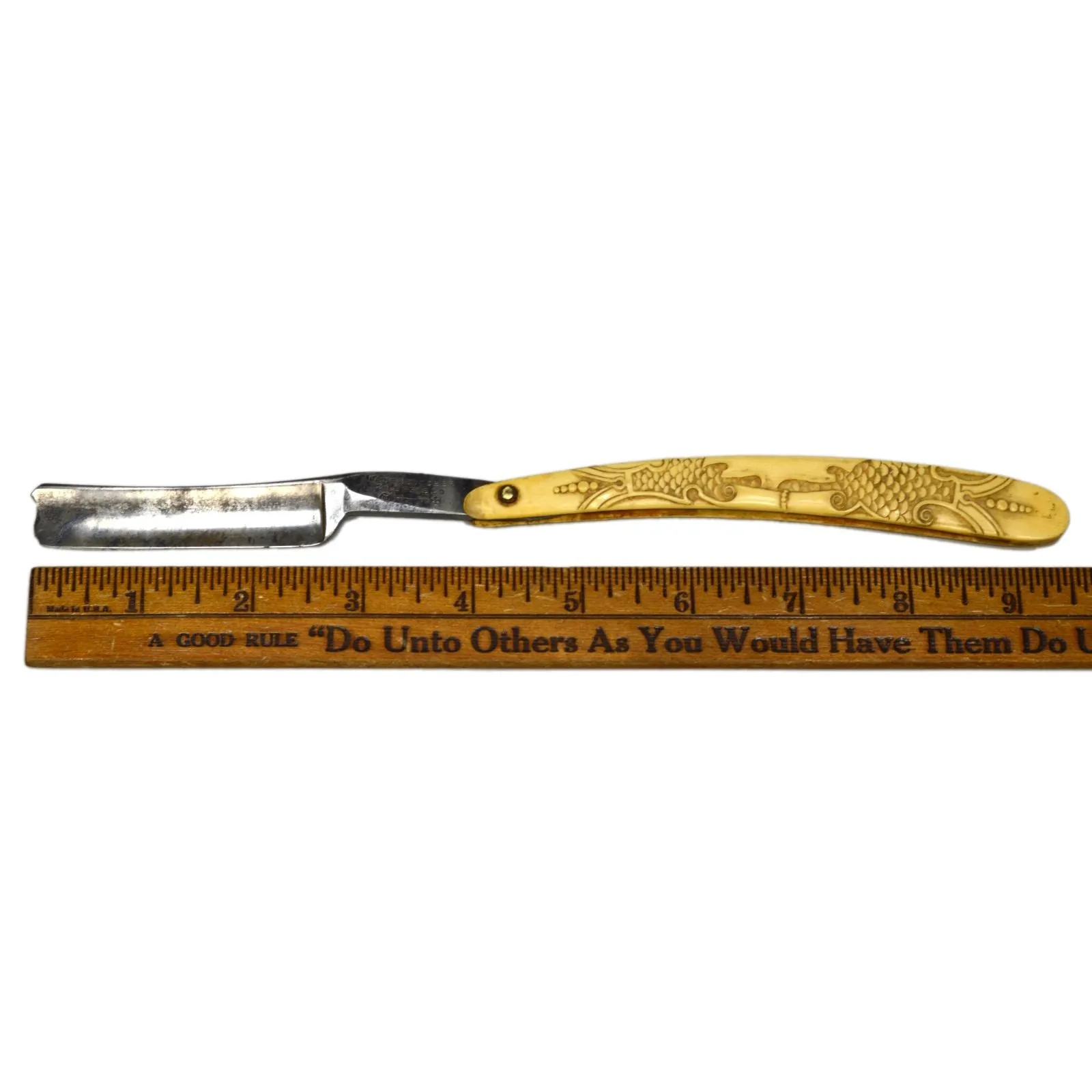 Antique WADE & BUTCHER STRAIGHT RAZOR Ornate CARVED BONE SCALES Sheffield RARE!!