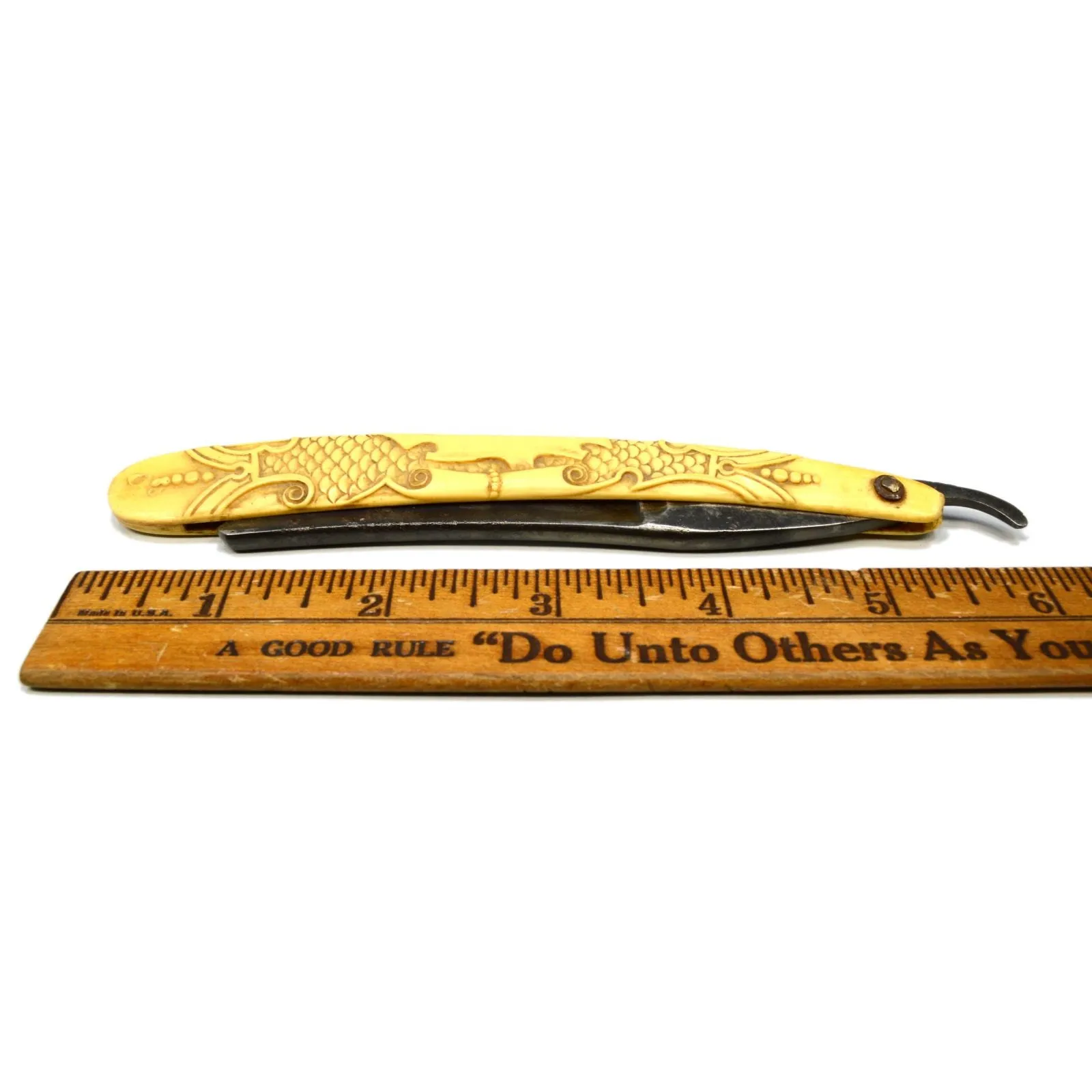 Antique WADE & BUTCHER STRAIGHT RAZOR Ornate CARVED BONE SCALES Sheffield RARE!!