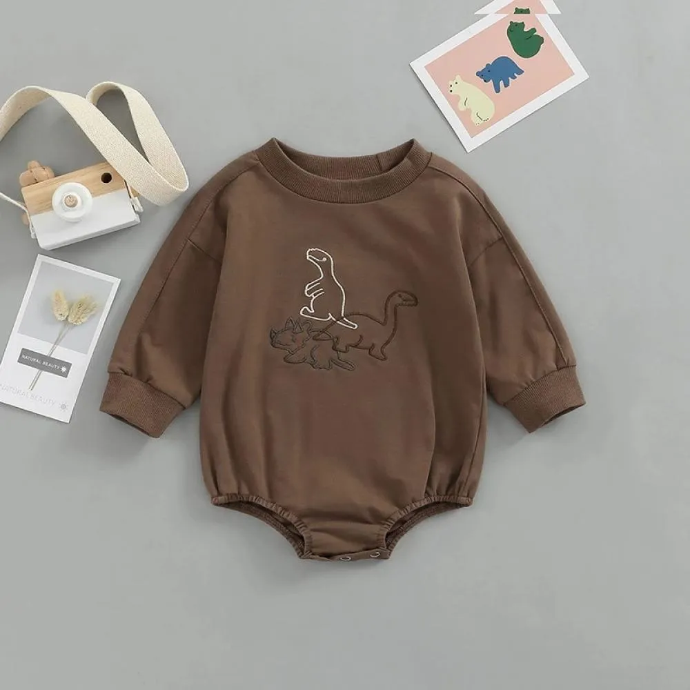 Autumn Solid Color Baby Cartoon Dinosaur Embroidered Romper Wholesale Baby Clothes