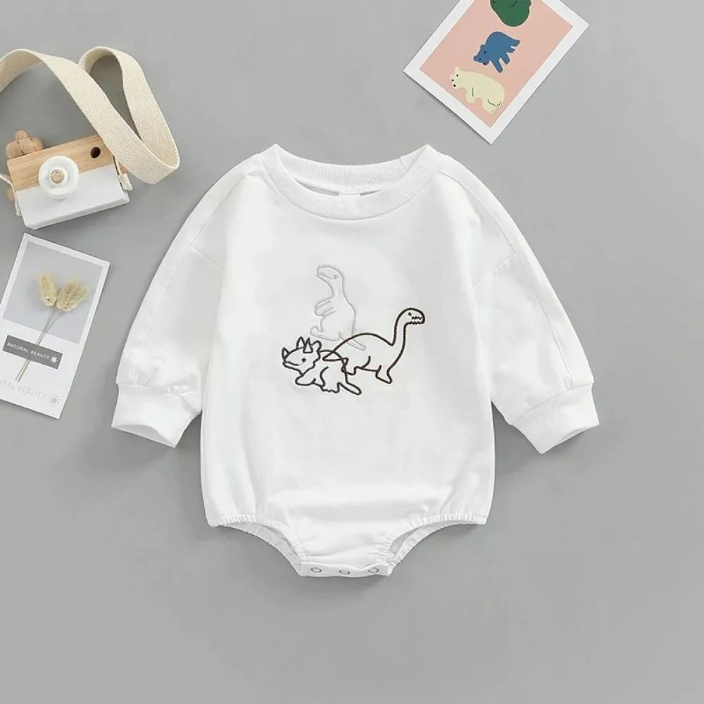 Autumn Solid Color Baby Cartoon Dinosaur Embroidered Romper Wholesale Baby Clothes