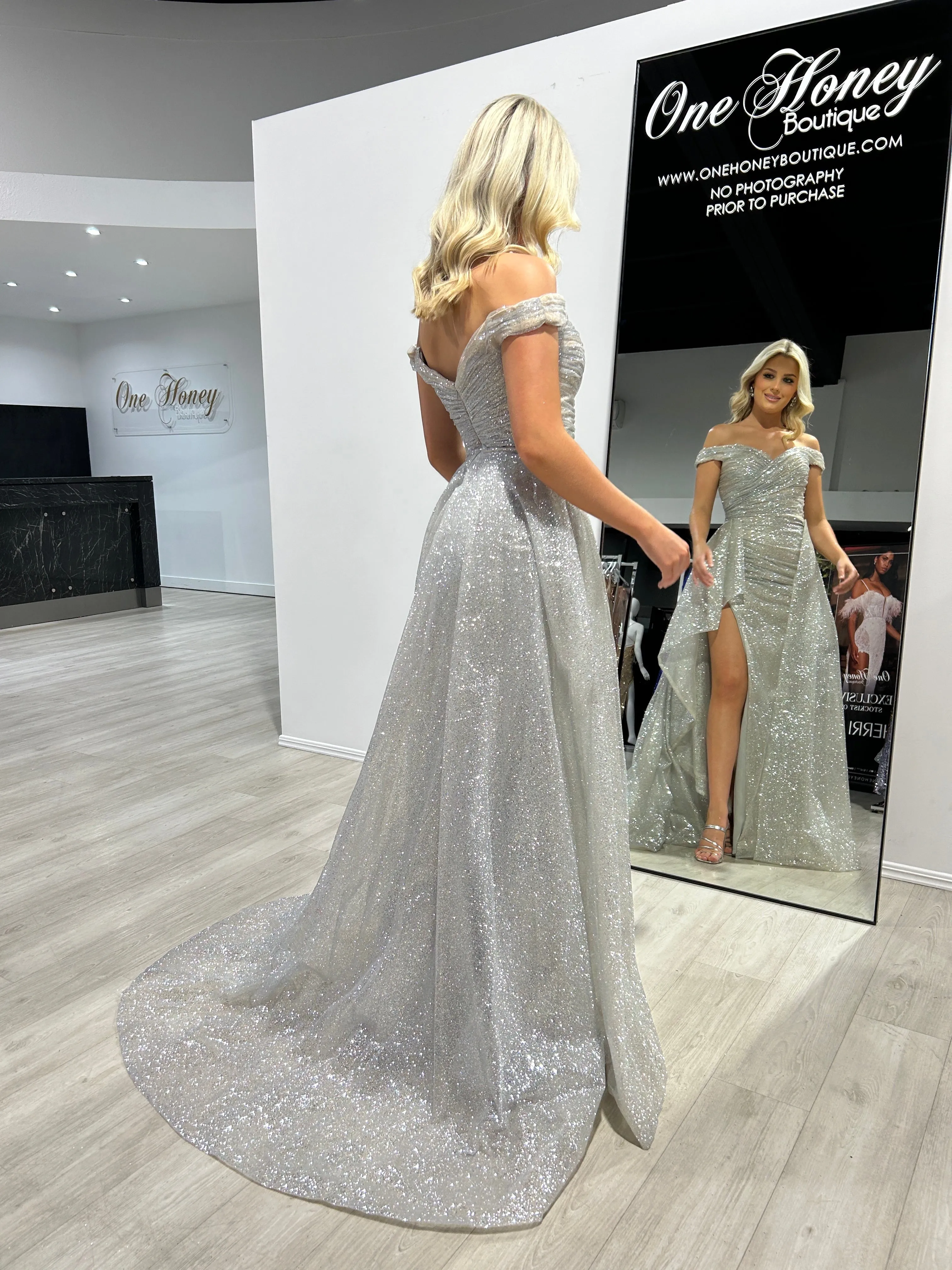 BEBE Glitter Off The Shoulder Overskirt Formal Dress