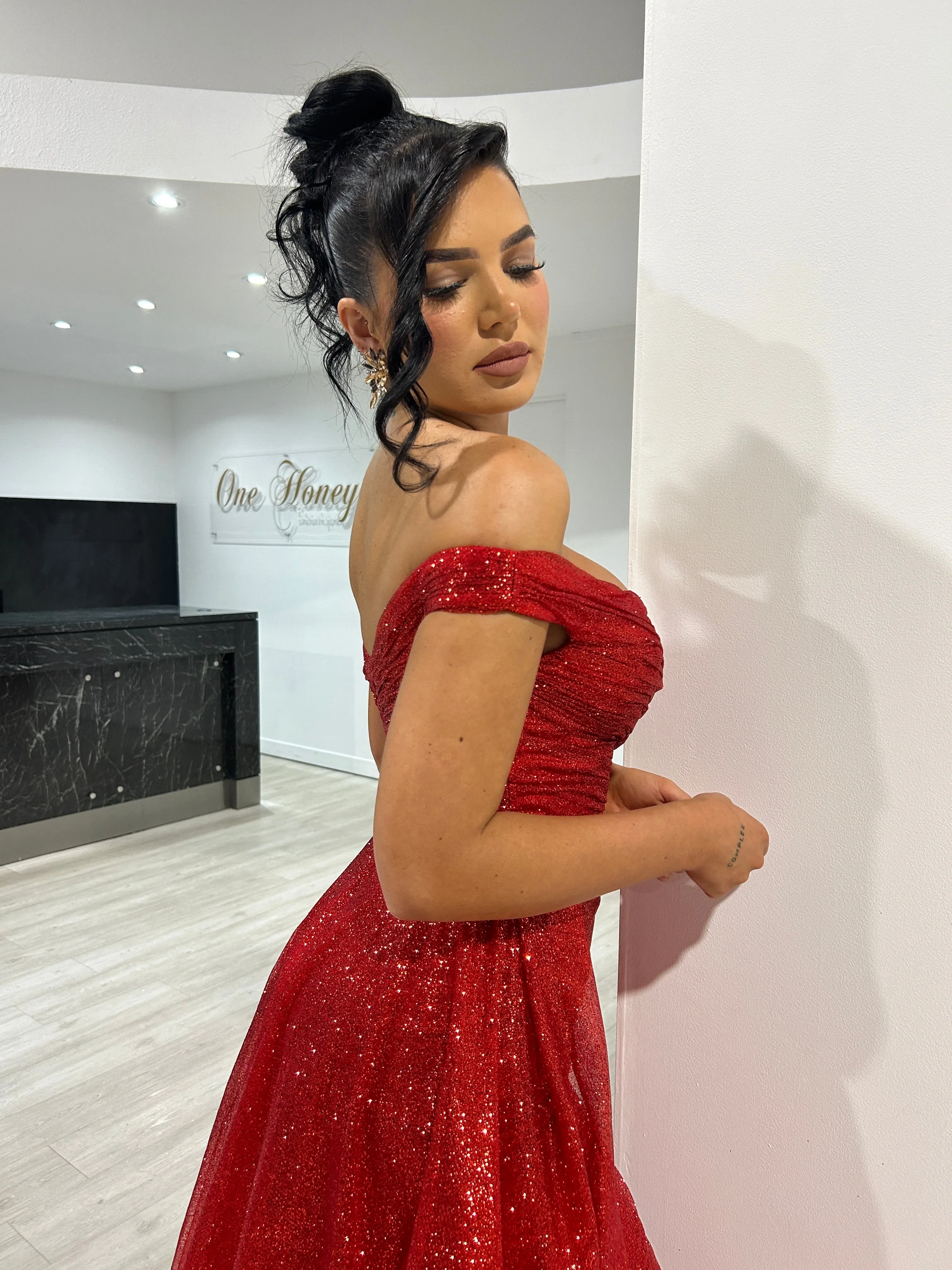 BEBE Glitter Off The Shoulder Overskirt Formal Dress