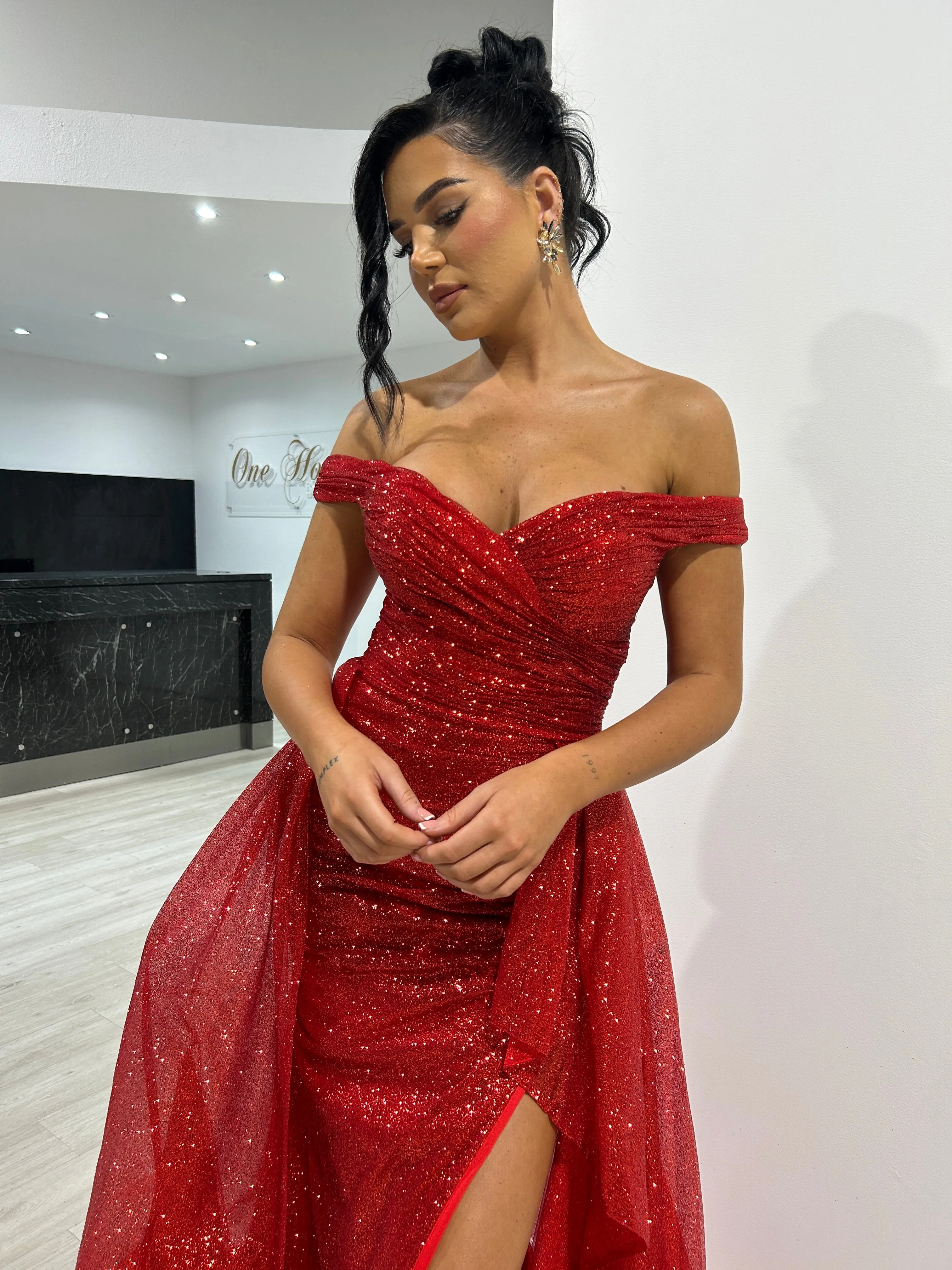 BEBE Glitter Off The Shoulder Overskirt Formal Dress