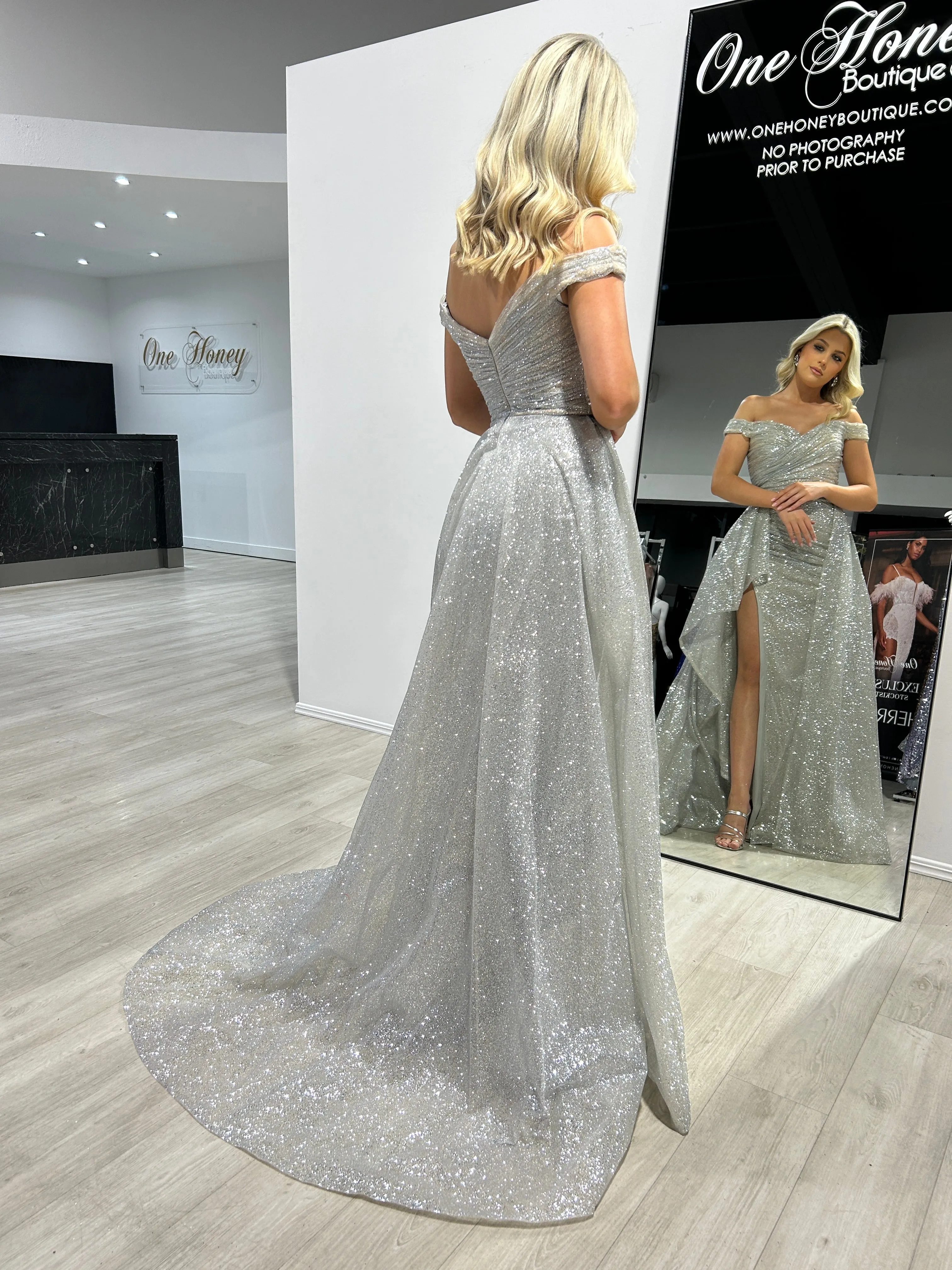 BEBE Glitter Off The Shoulder Overskirt Formal Dress