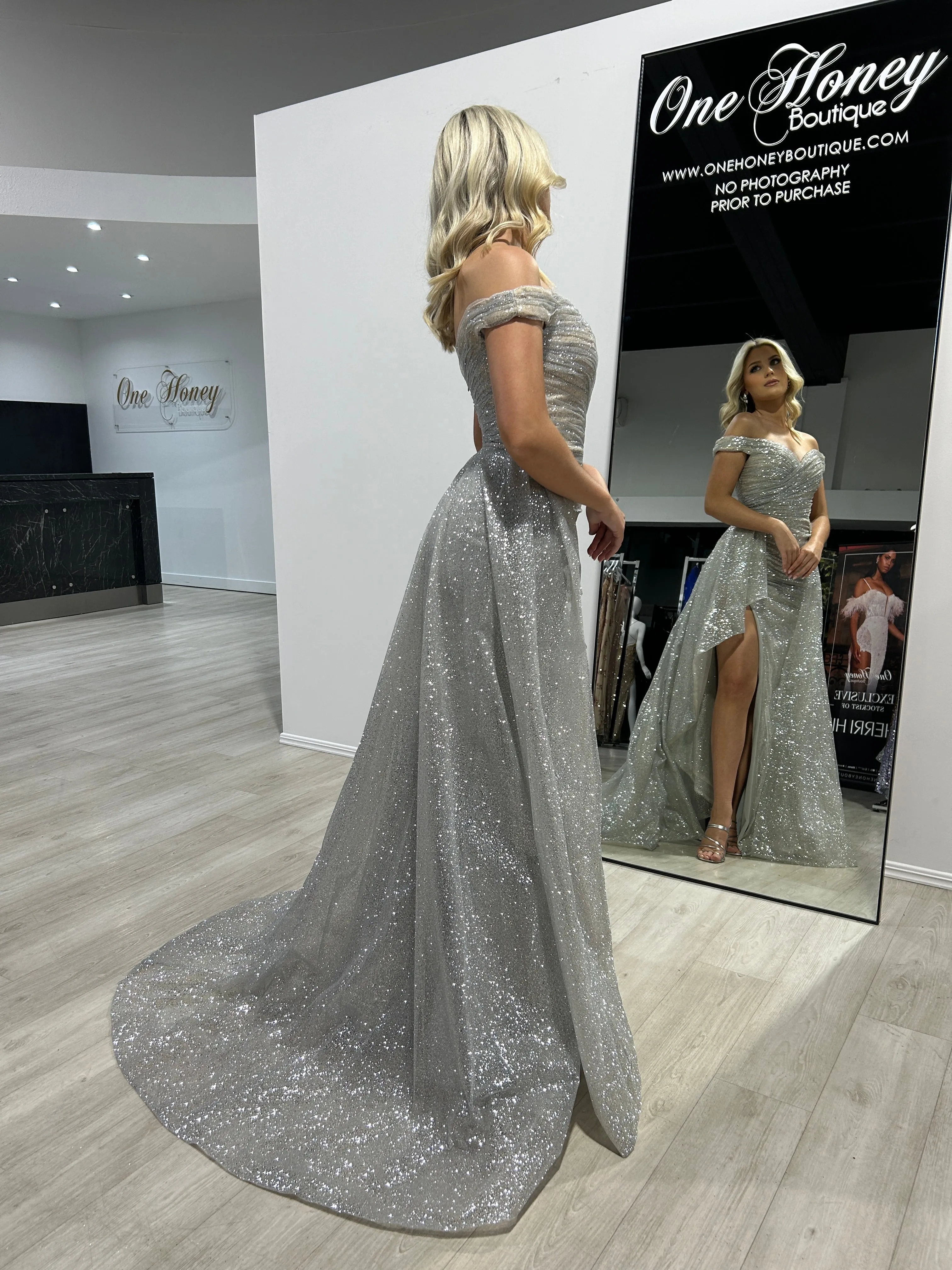 BEBE Glitter Off The Shoulder Overskirt Formal Dress