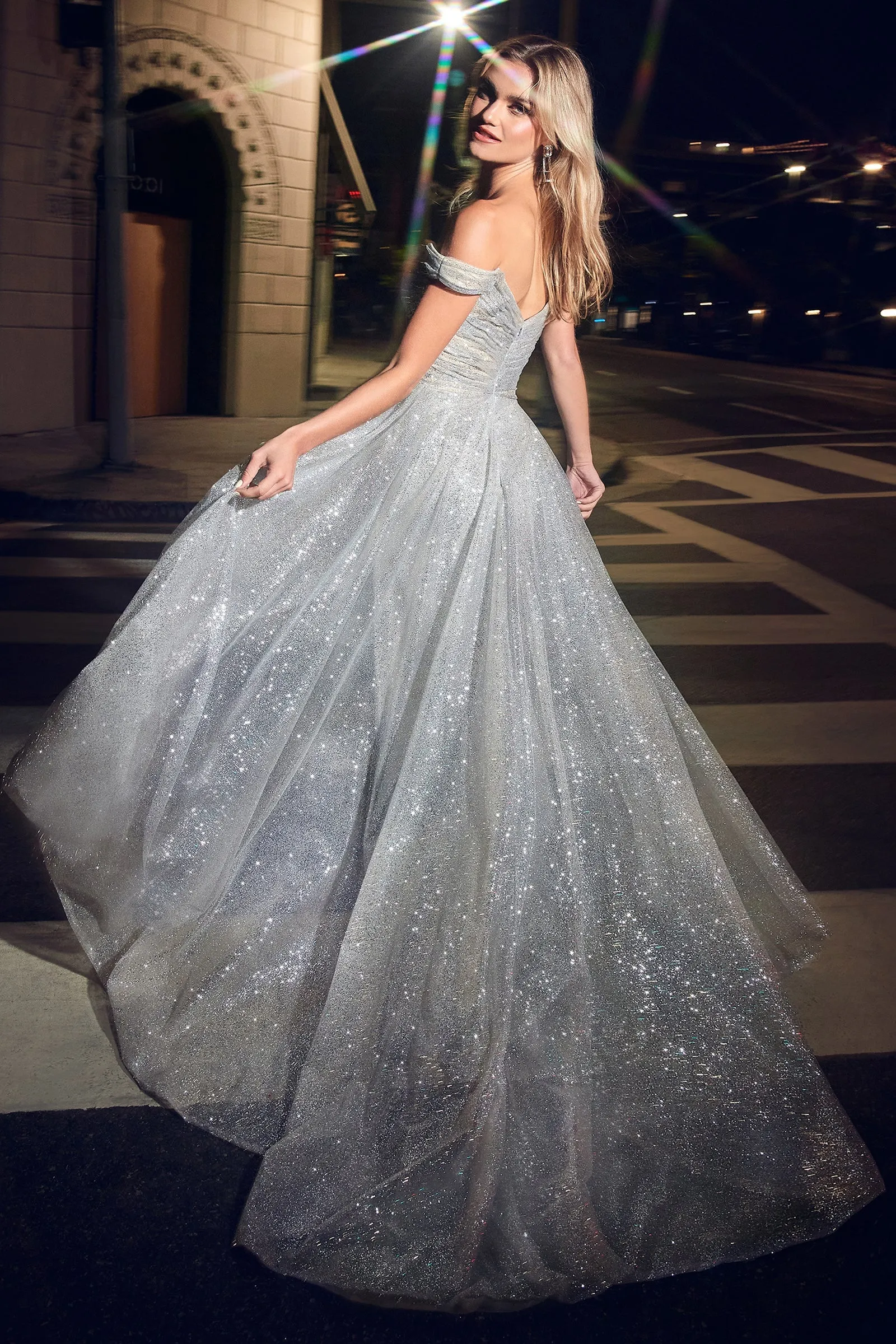 BEBE Glitter Off The Shoulder Overskirt Formal Dress