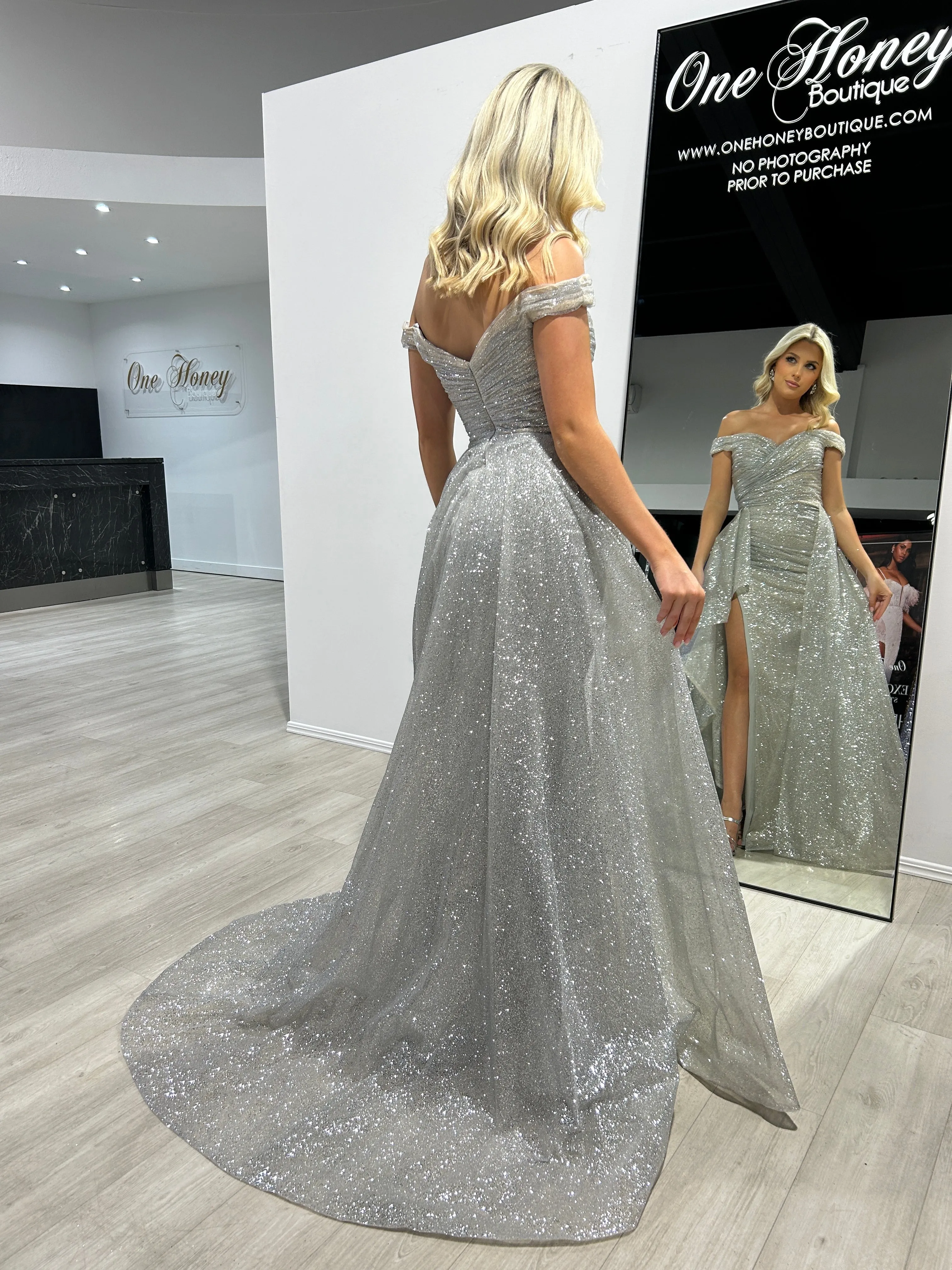 BEBE Glitter Off The Shoulder Overskirt Formal Dress
