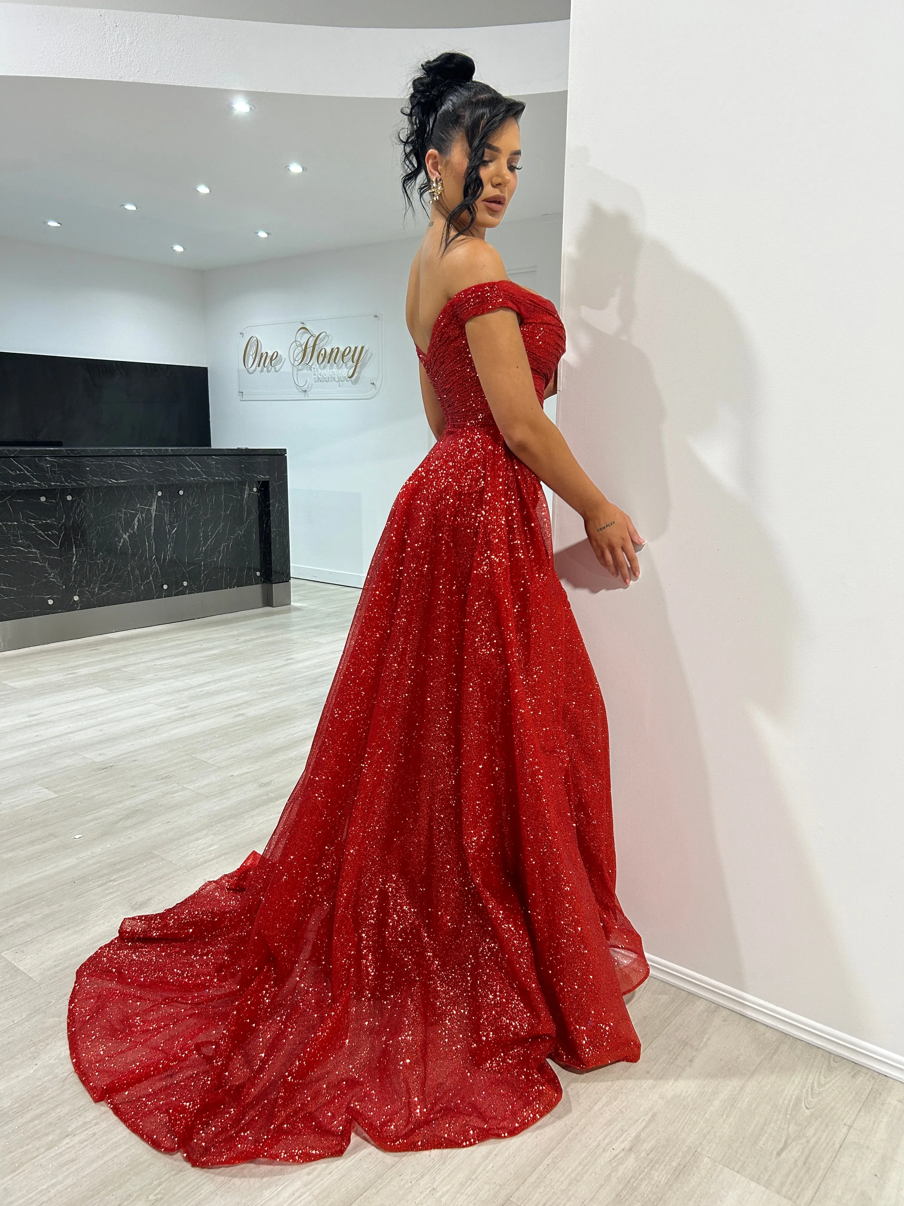BEBE Glitter Off The Shoulder Overskirt Formal Dress
