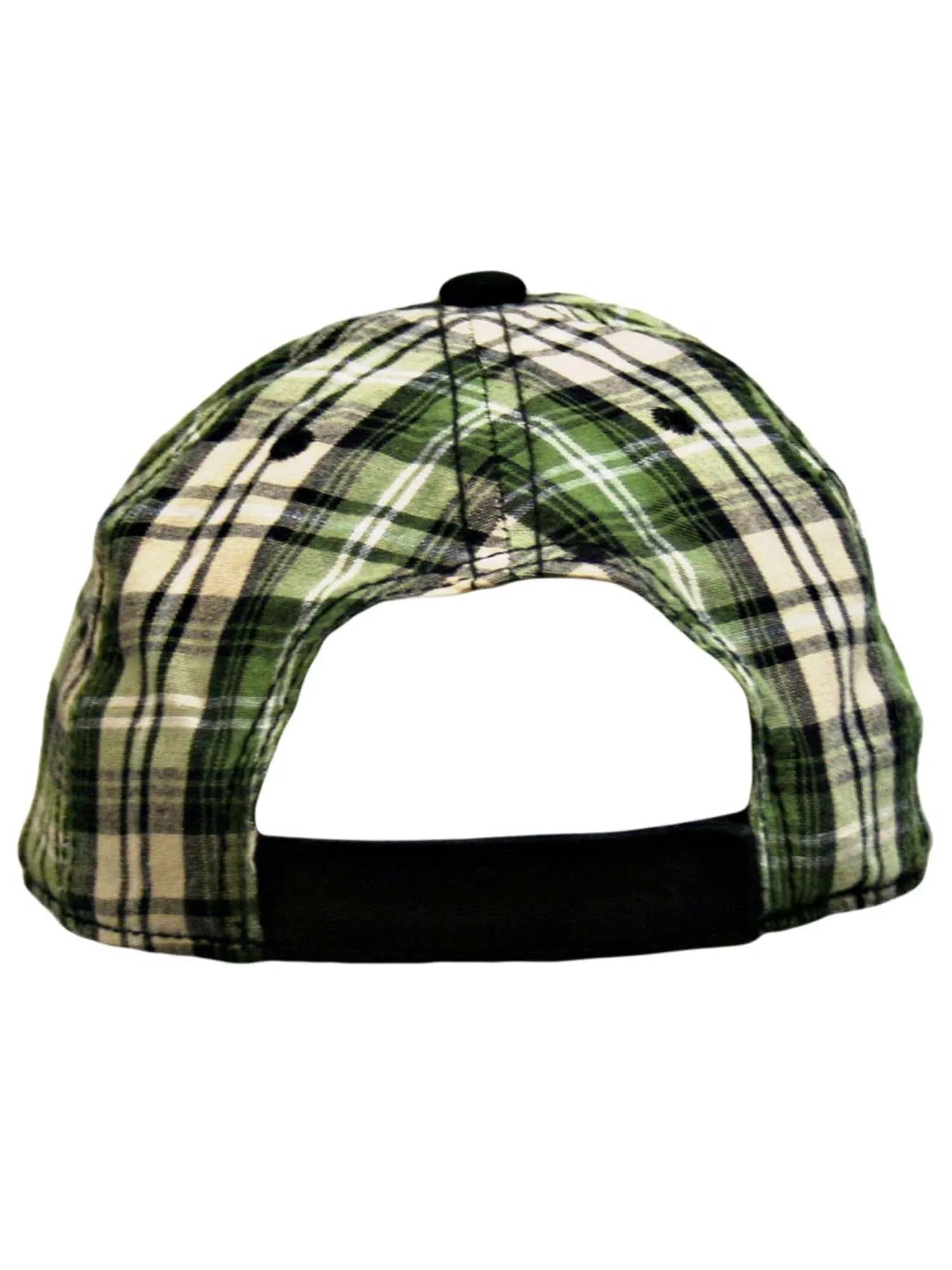 Black Green Plaid Baseball Cap Giant Silver Stud Cross