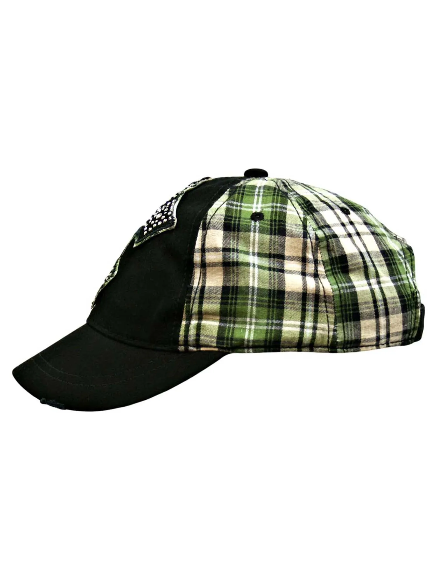 Black Green Plaid Baseball Cap Giant Silver Stud Cross