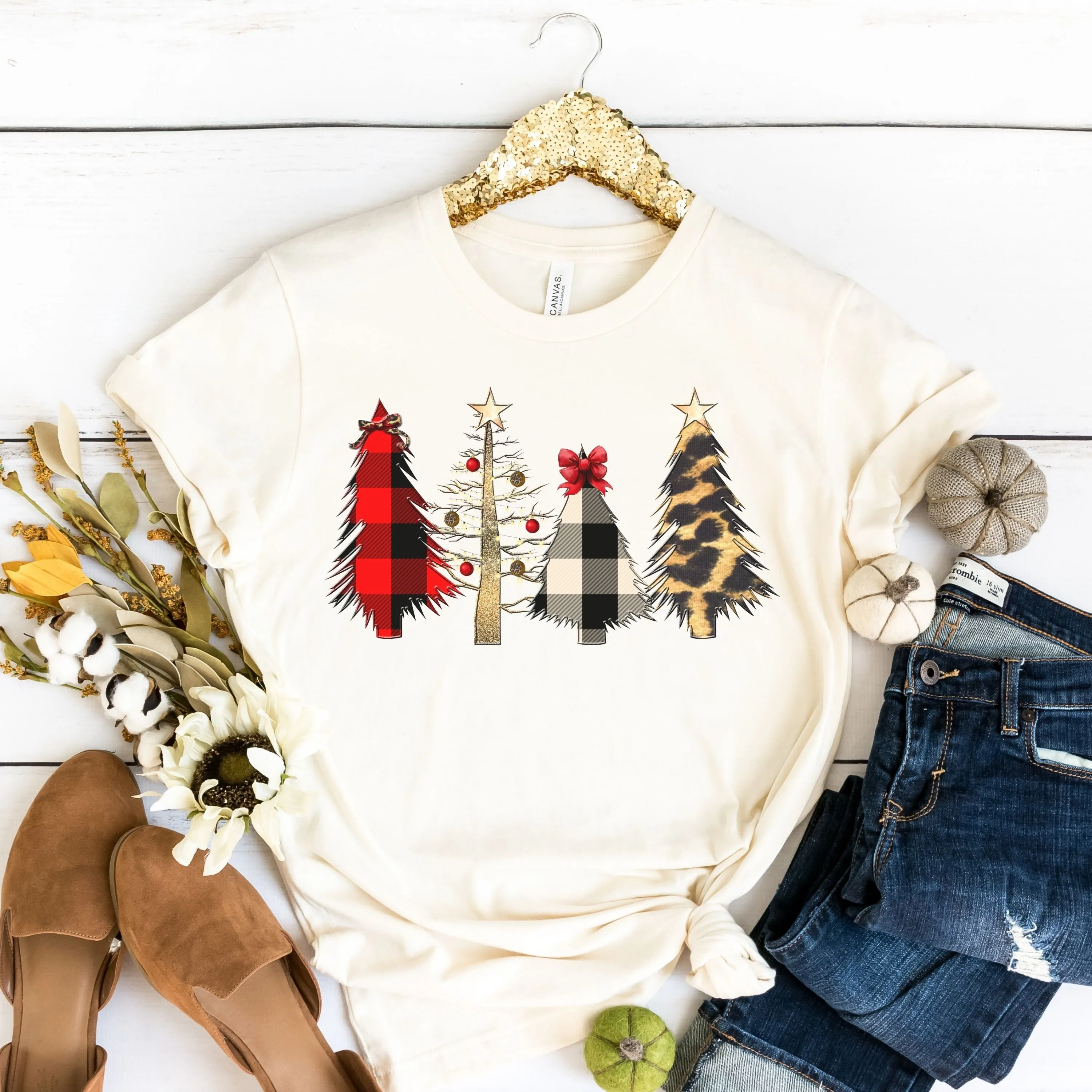 Buffalo Plaid Leopard Print Christmas Tree Graphic T-Shirt
