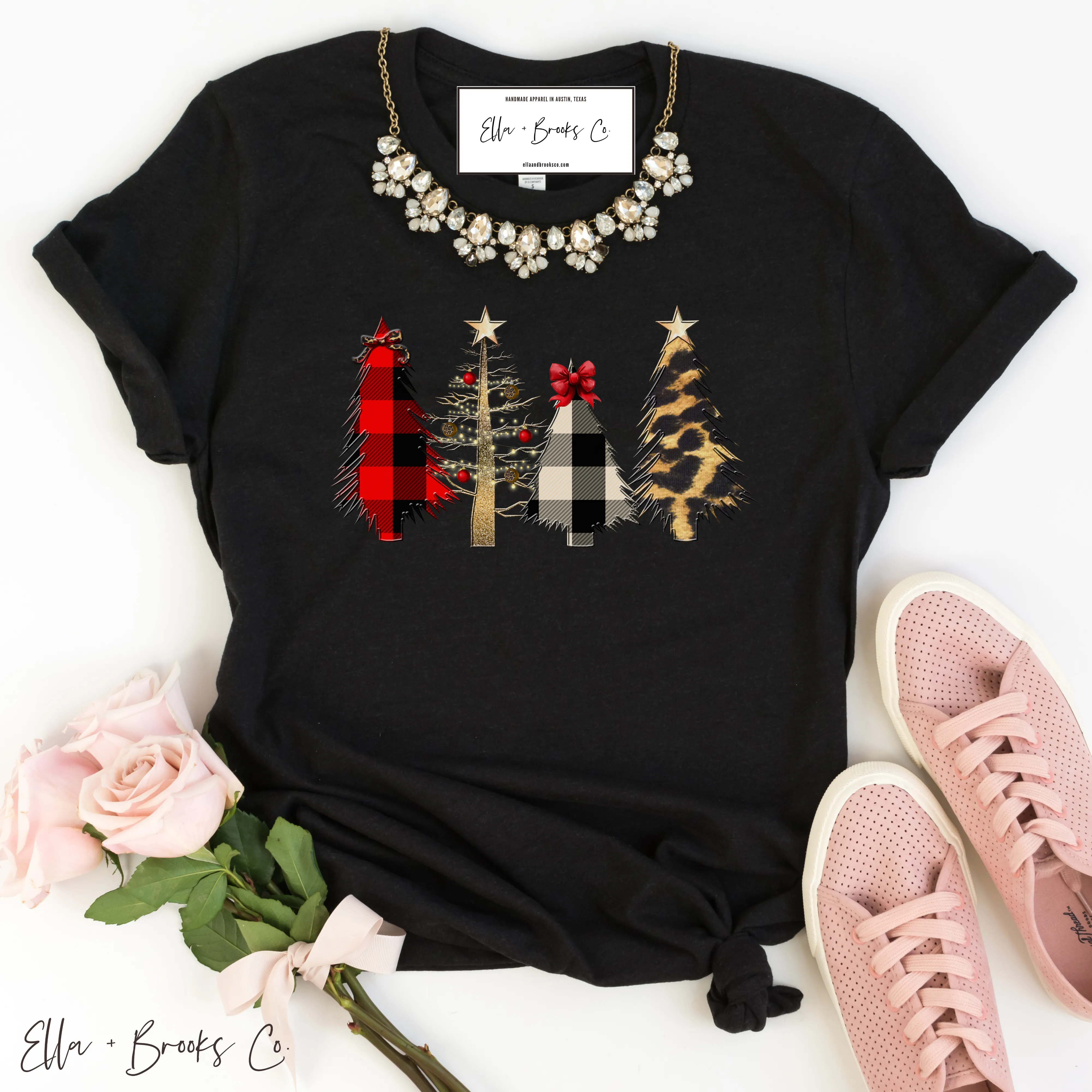 Buffalo Plaid Leopard Print Christmas Tree Graphic T-Shirt