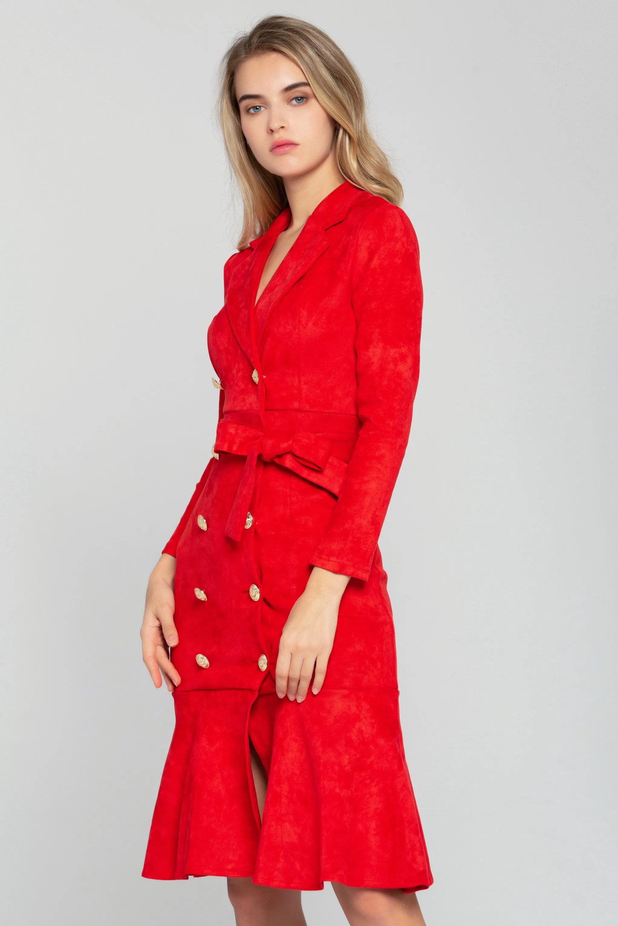 Cherry Red Button-up  Full Sleeves Midi Dress