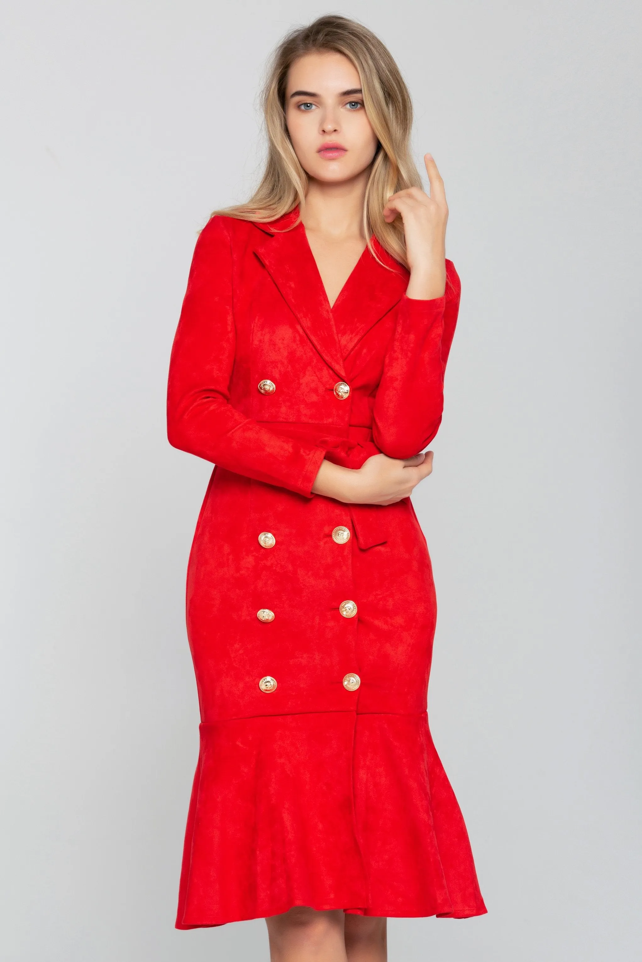 Cherry Red Button-up  Full Sleeves Midi Dress