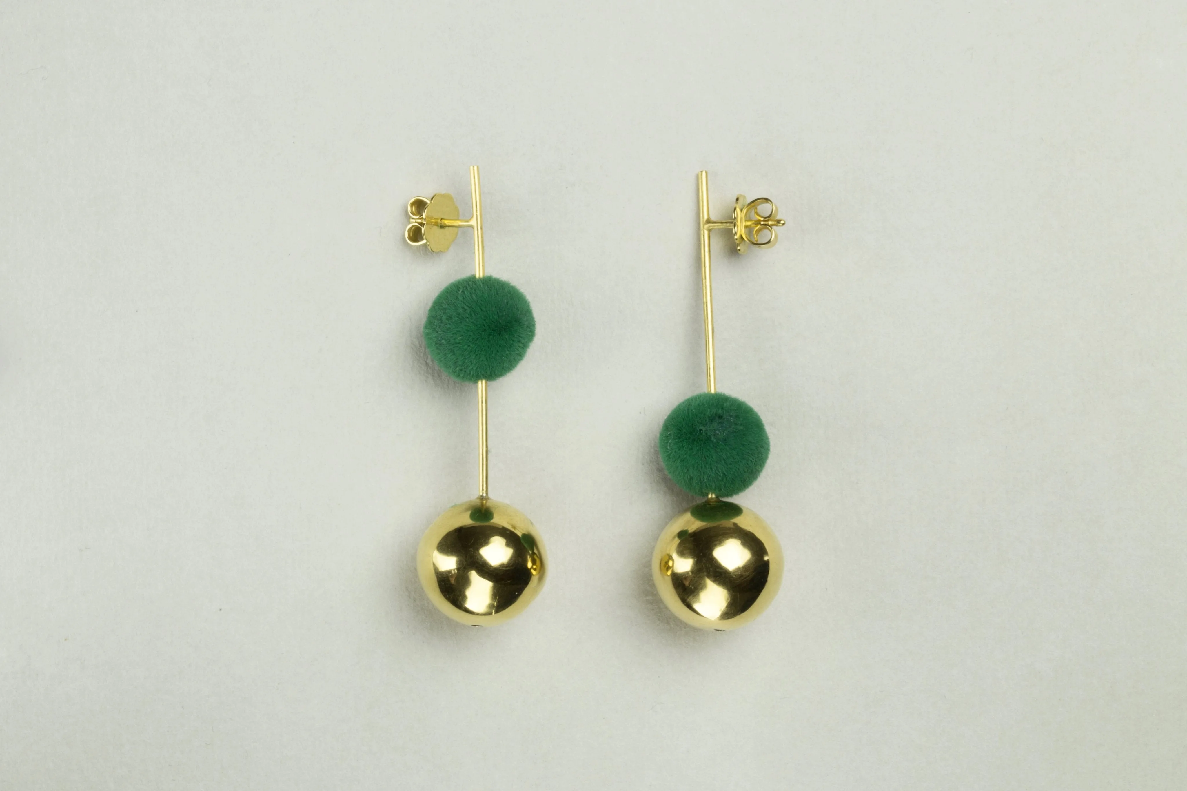 Drop Earrings with Gold Orb and Green Pompom