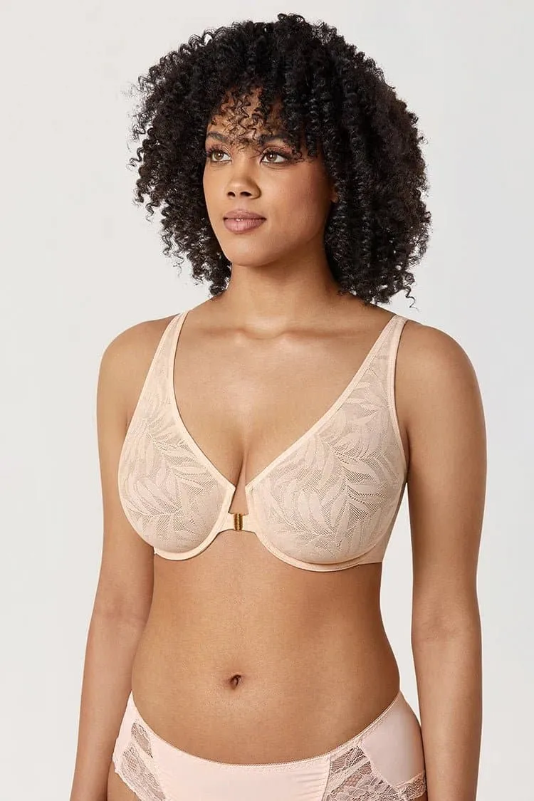 Front Closure Floral Lace Bra - Smooth Plunge, Full Cup, Thin Mold Cup - AISILIN D015C
