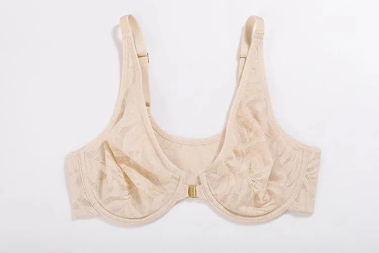 Front Closure Floral Lace Bra - Smooth Plunge, Full Cup, Thin Mold Cup - AISILIN D015C