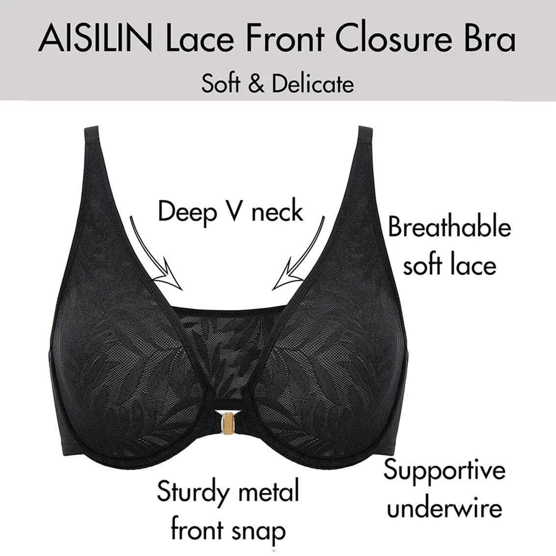Front Closure Floral Lace Bra - Smooth Plunge, Full Cup, Thin Mold Cup - AISILIN D015C