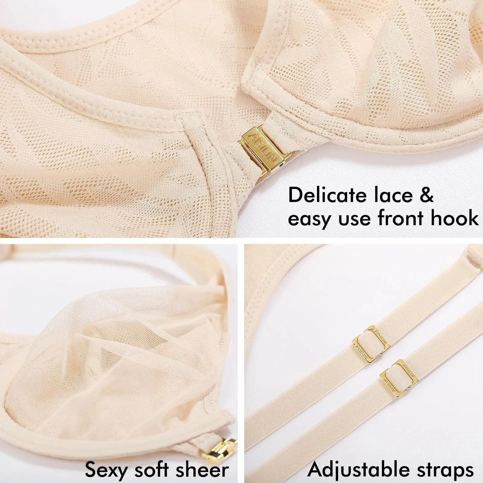 Front Closure Floral Lace Bra - Smooth Plunge, Full Cup, Thin Mold Cup - AISILIN D015C