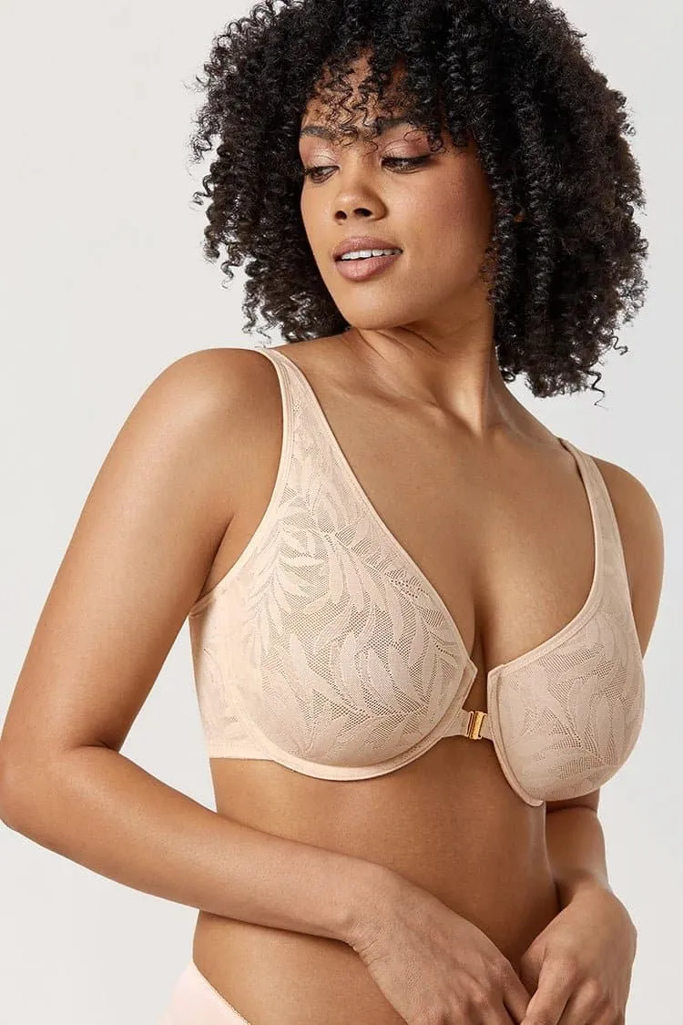Front Closure Floral Lace Bra - Smooth Plunge, Full Cup, Thin Mold Cup - AISILIN D015C