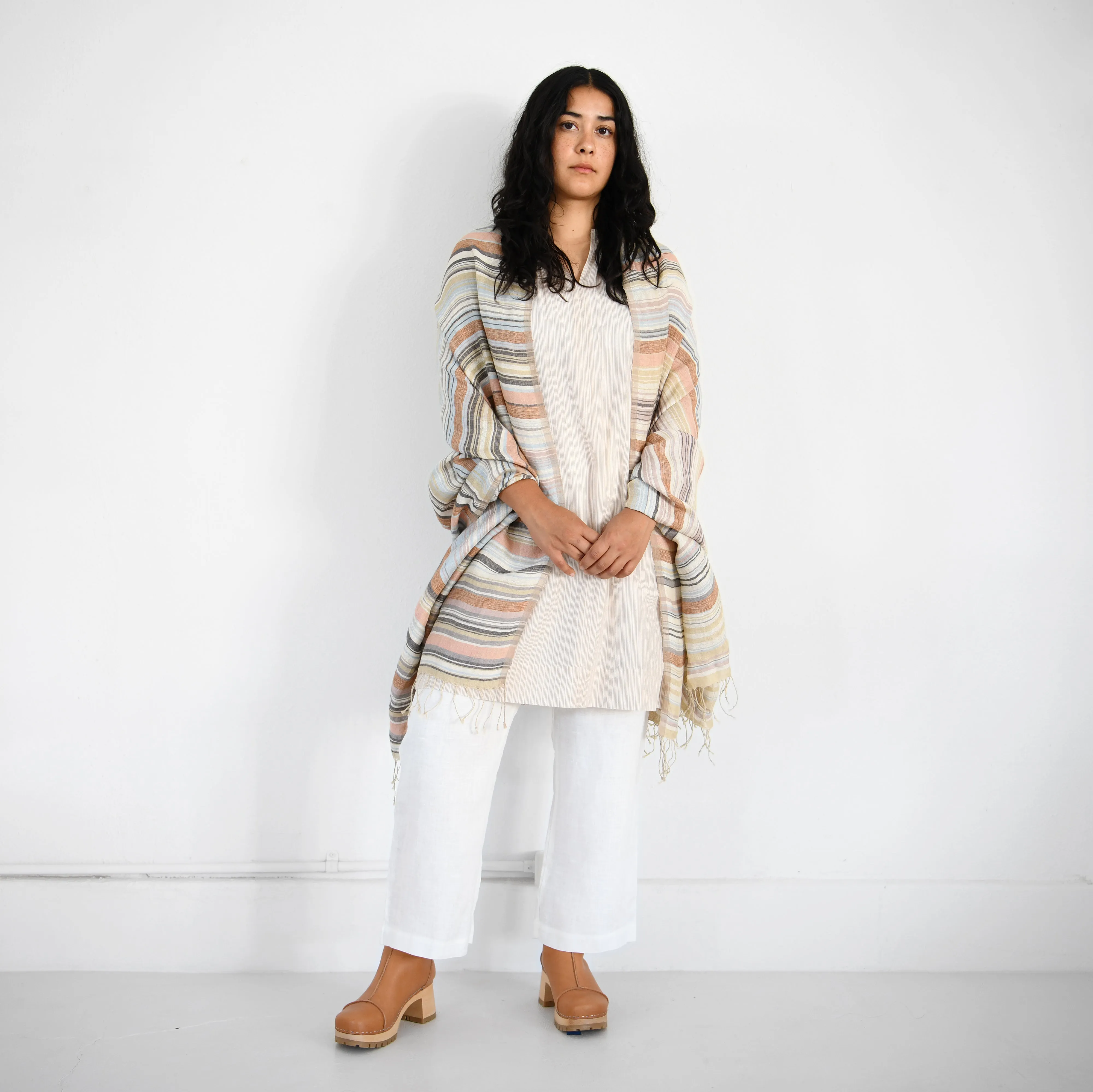 Gathered Neck Khadi Dress - Tan Cream Stripe