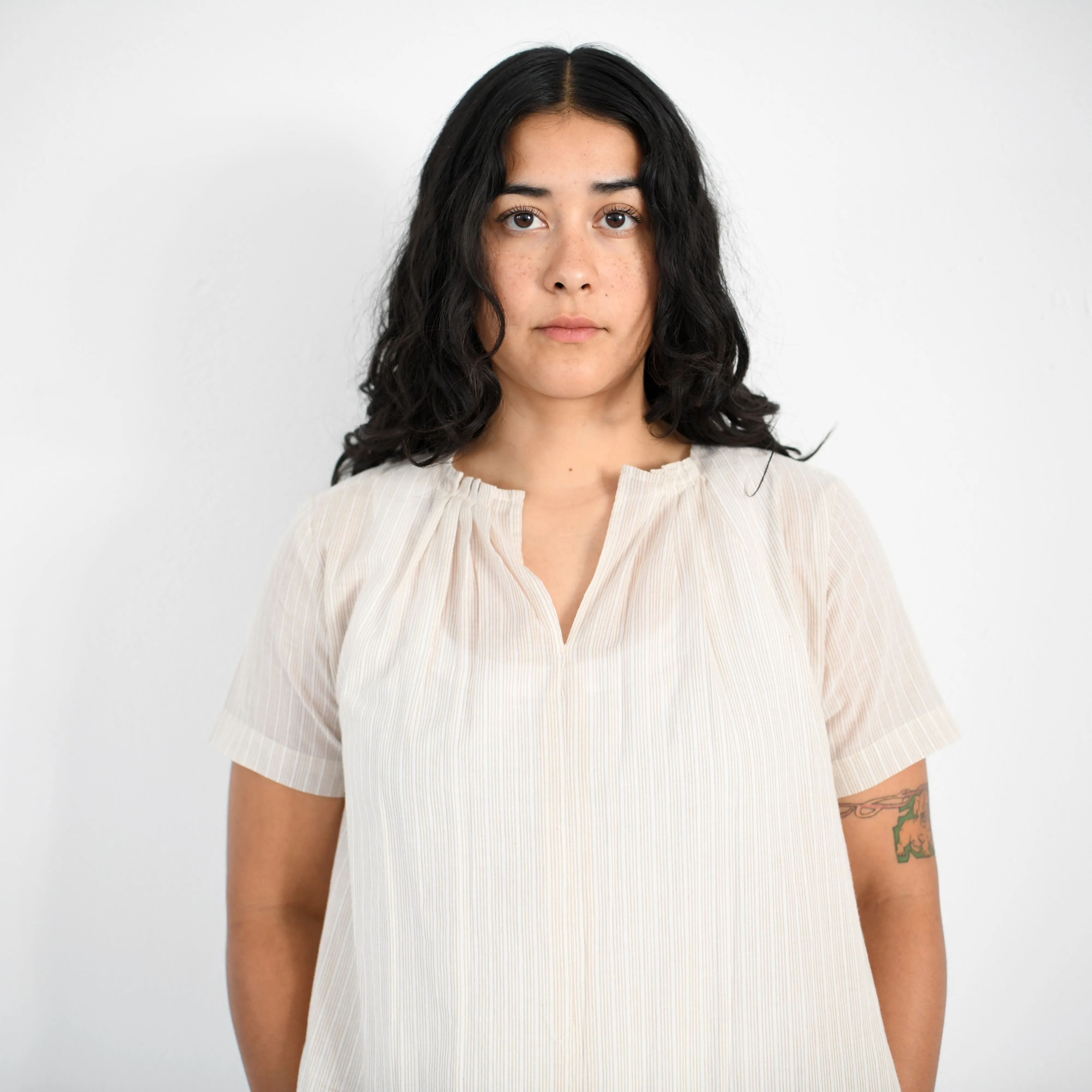 Gathered Neck Khadi Dress - Tan Cream Stripe
