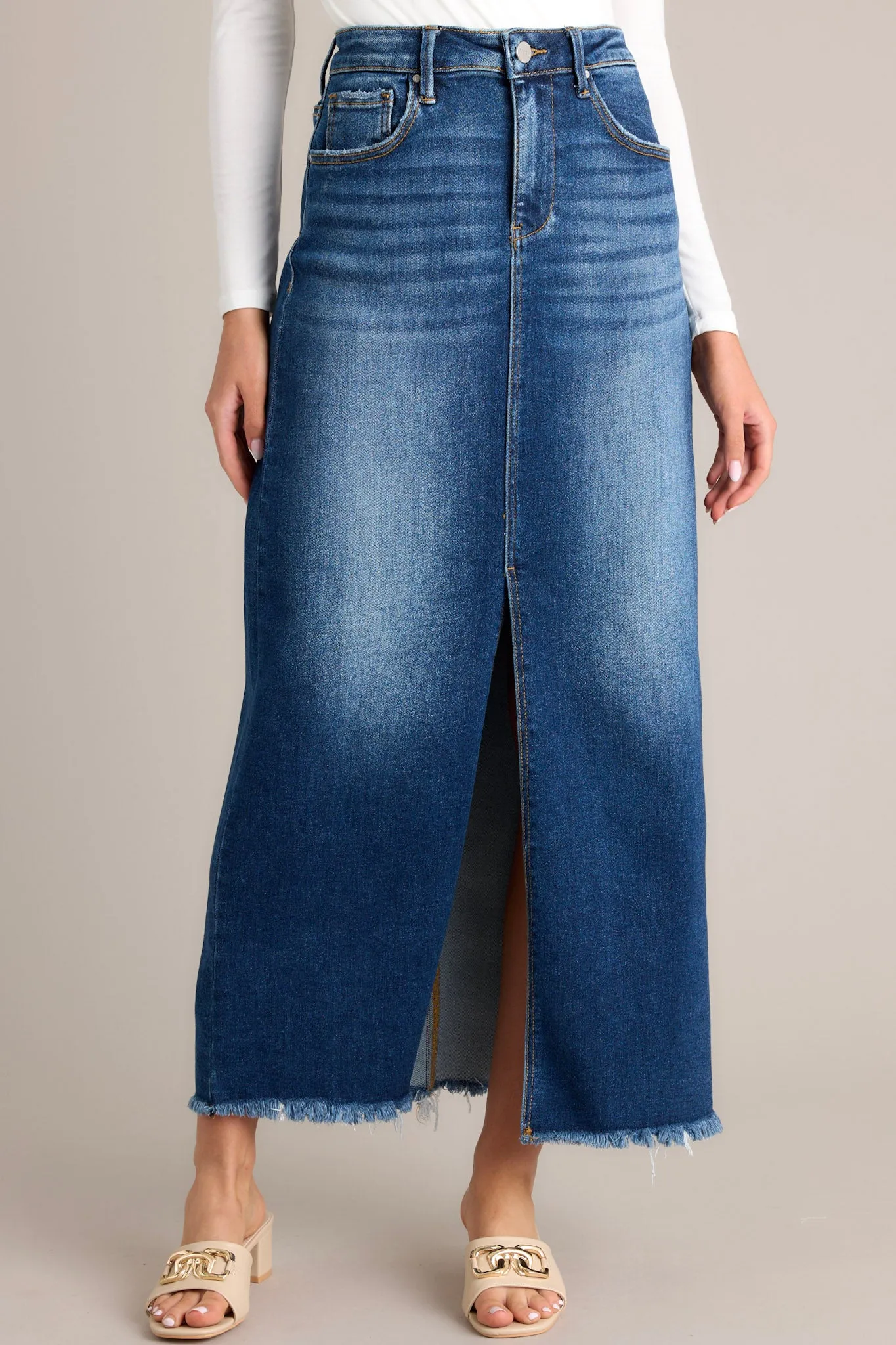 Radiant Rhythm Dark Wash Denim Midi Skirt