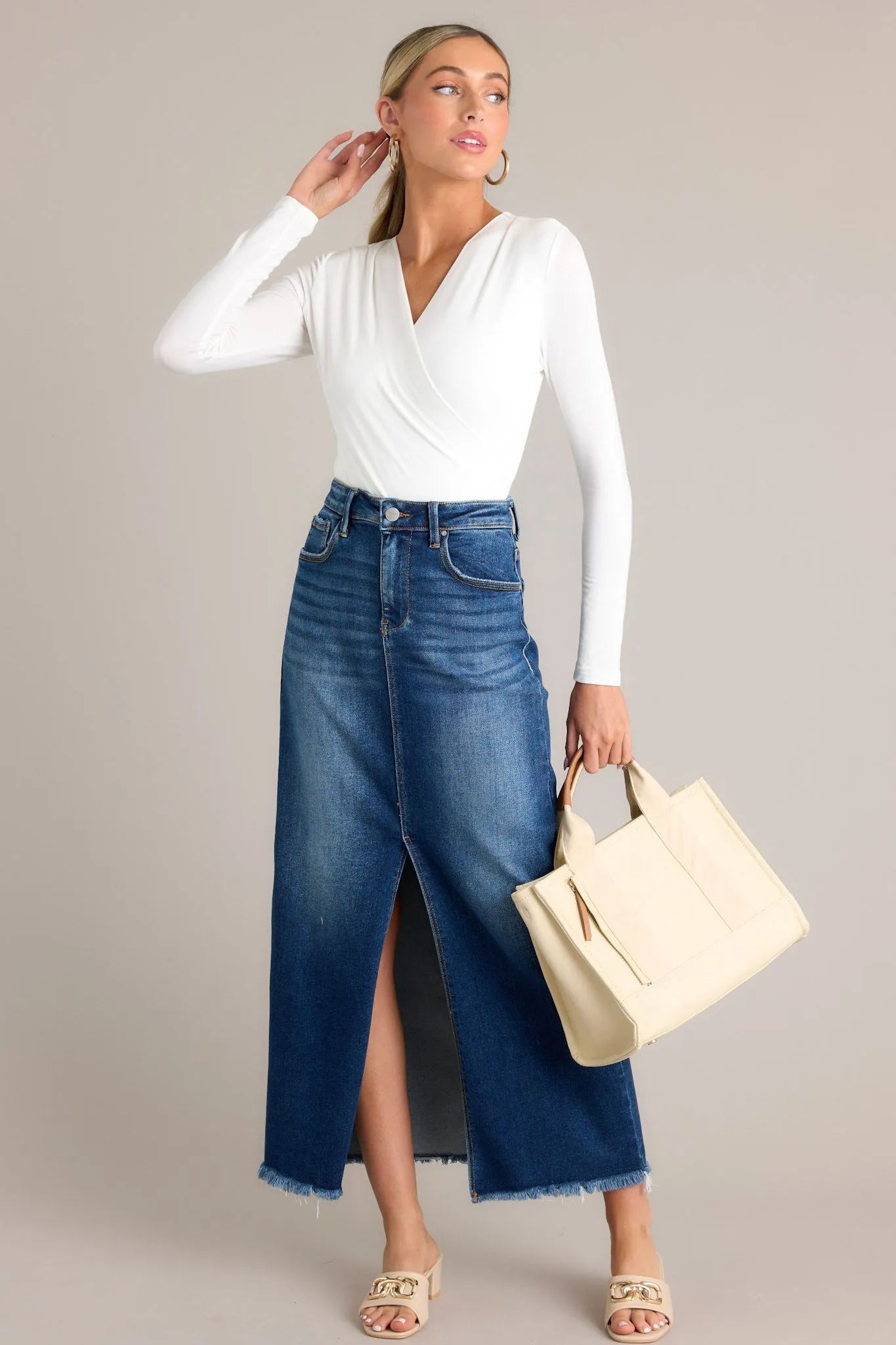 Radiant Rhythm Dark Wash Denim Midi Skirt