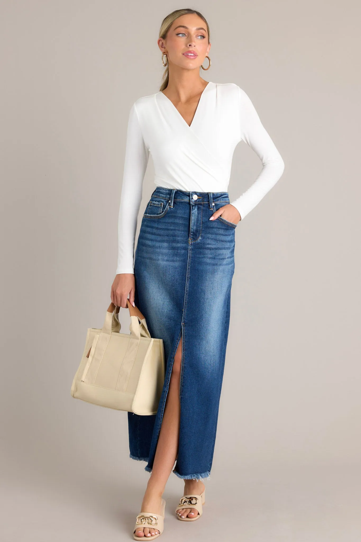 Radiant Rhythm Dark Wash Denim Midi Skirt