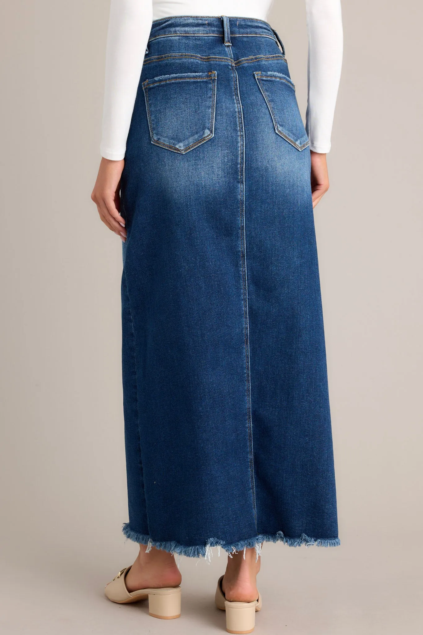Radiant Rhythm Dark Wash Denim Midi Skirt