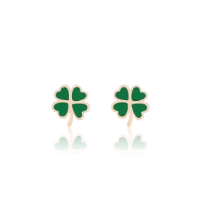 Rose gold coloured/green stud earrings with a green clover